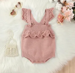 $15.00 EA - 0-3M X 1, 3-6M X 2, 6-12M X 1, 12-24M X 2  -  Baby Girls Dusty Rose Knit Ruffle Shoulder Romper