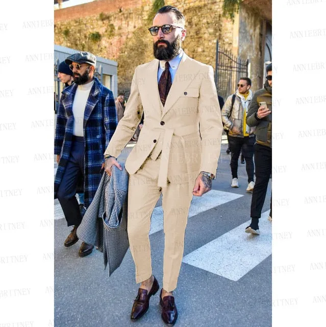 Aidase Latest Designs Green Suits For Men Slim Fit Fashion Yellow Groom Belt Wedding Dress Tuxedo Tailored Blazer Vest with Pants Set