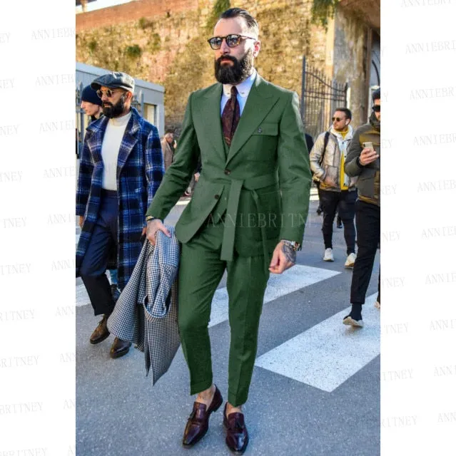 Aidase Latest Designs Green Suits For Men Slim Fit Fashion Yellow Groom Belt Wedding Dress Tuxedo Tailored Blazer Vest with Pants Set