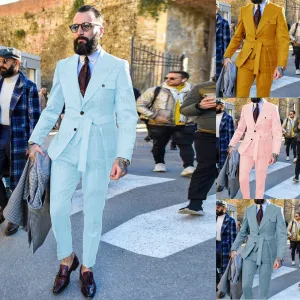 Aidase Latest Designs Green Suits For Men Slim Fit Fashion Yellow Groom Belt Wedding Dress Tuxedo Tailored Blazer Vest with Pants Set