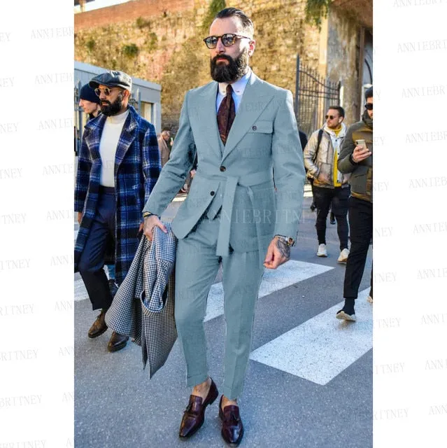 Aidase Latest Designs Green Suits For Men Slim Fit Fashion Yellow Groom Belt Wedding Dress Tuxedo Tailored Blazer Vest with Pants Set
