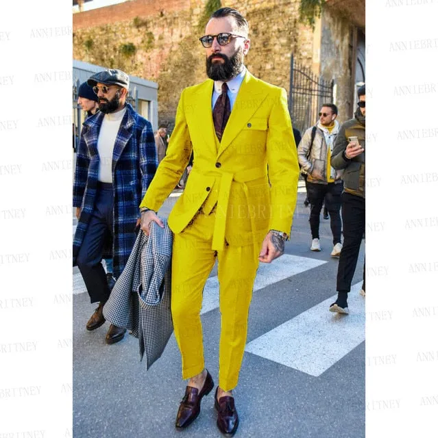 Aidase Latest Designs Green Suits For Men Slim Fit Fashion Yellow Groom Belt Wedding Dress Tuxedo Tailored Blazer Vest with Pants Set