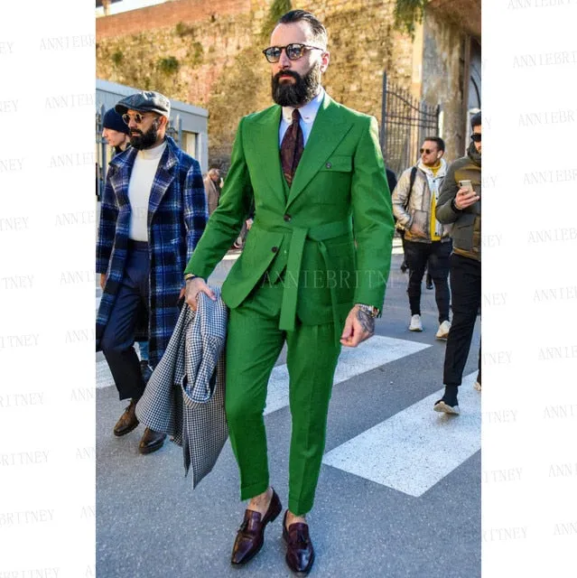 Aidase Latest Designs Green Suits For Men Slim Fit Fashion Yellow Groom Belt Wedding Dress Tuxedo Tailored Blazer Vest with Pants Set