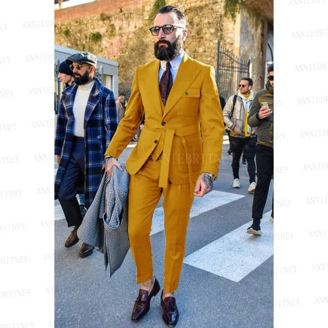 Aidase Latest Designs Green Suits For Men Slim Fit Fashion Yellow Groom Belt Wedding Dress Tuxedo Tailored Blazer Vest with Pants Set