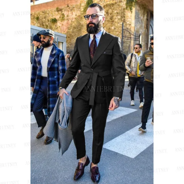 Aidase Latest Designs Green Suits For Men Slim Fit Fashion Yellow Groom Belt Wedding Dress Tuxedo Tailored Blazer Vest with Pants Set
