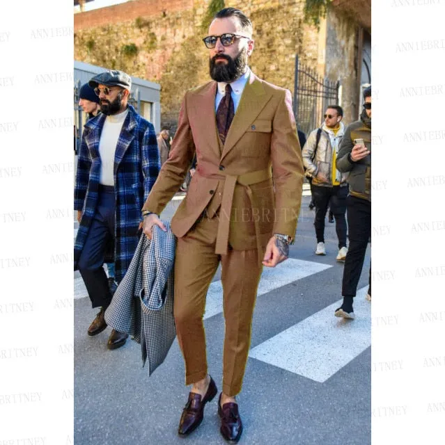 Aidase Latest Designs Green Suits For Men Slim Fit Fashion Yellow Groom Belt Wedding Dress Tuxedo Tailored Blazer Vest with Pants Set