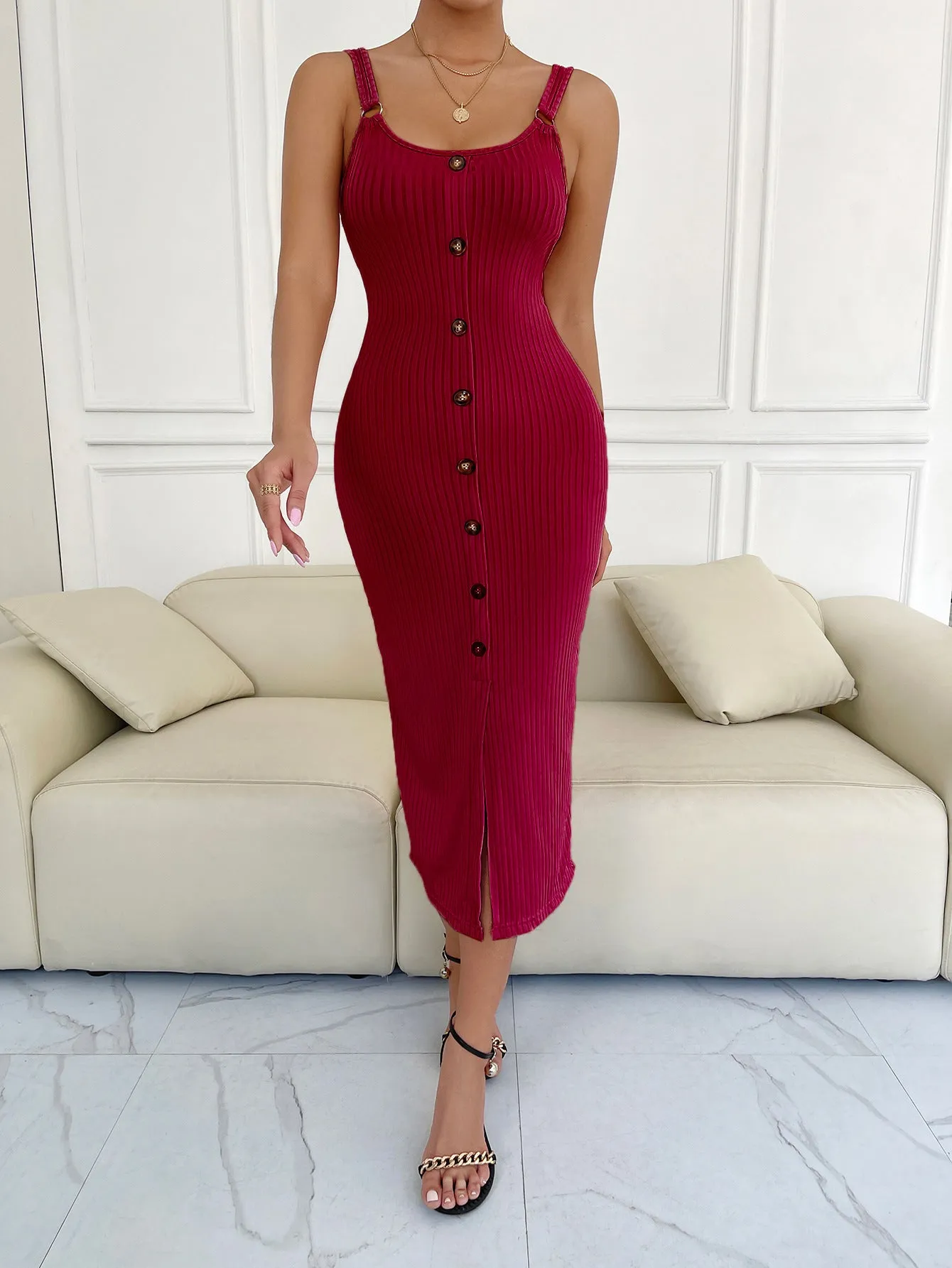*APP EXCLUSIVE* Button Slit Scoop Neck Sweater Dress