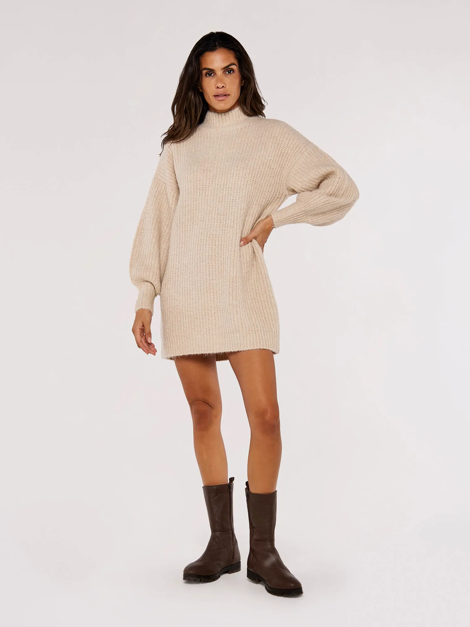 Apricot Ribbed Knit Jumper Mini Dress