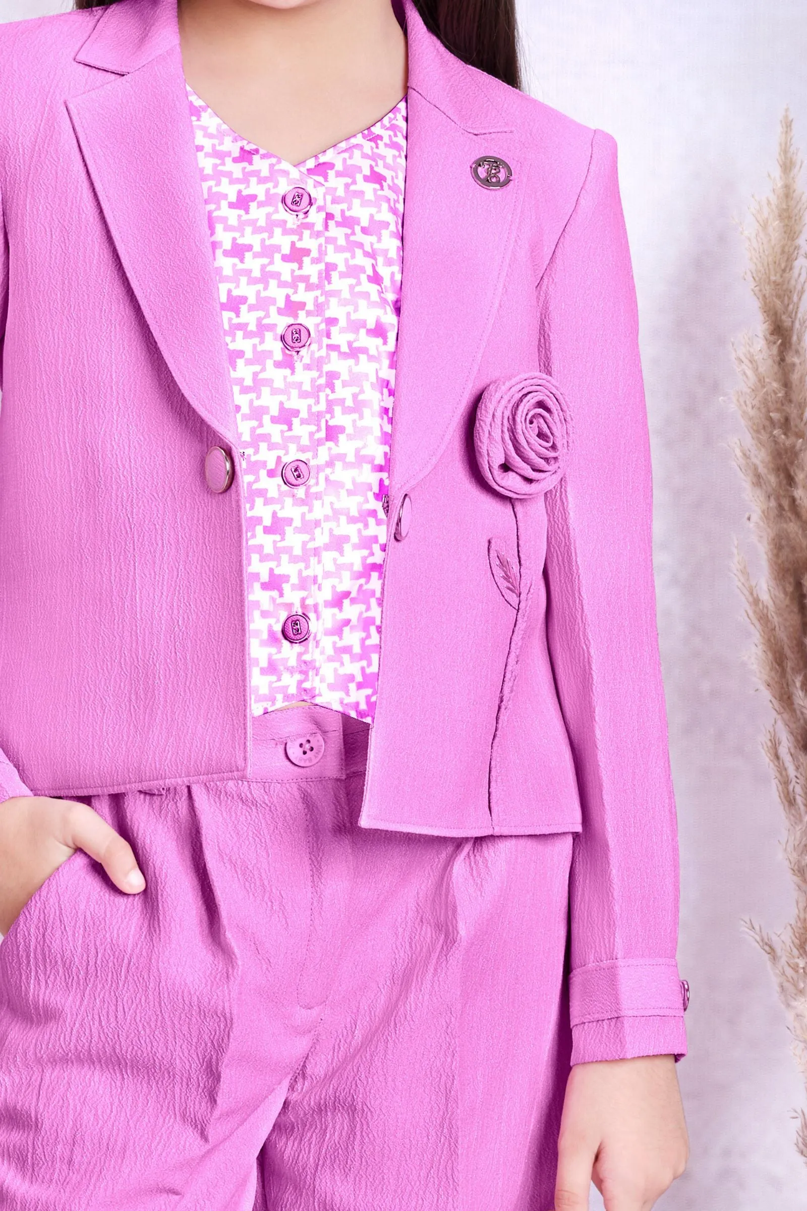 Baby Pink Printed Overcoat Styled Co-ord Set for Girls