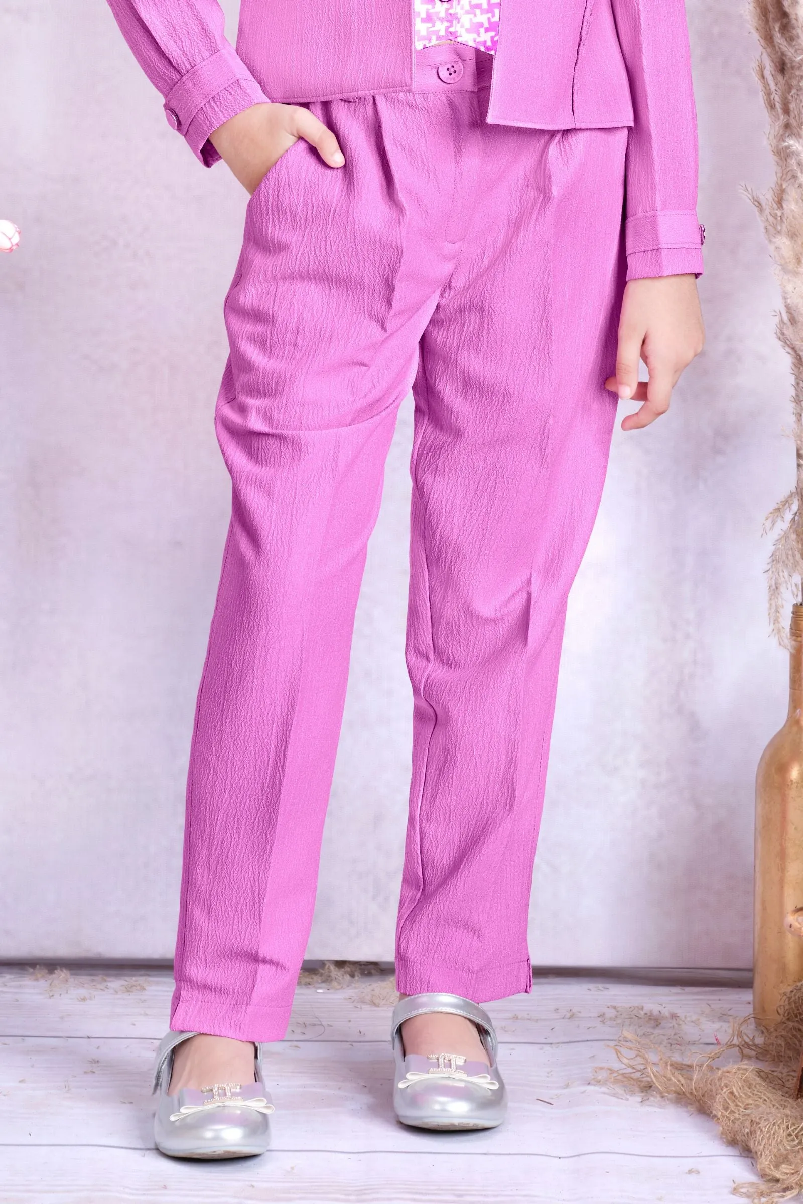 Baby Pink Printed Overcoat Styled Co-ord Set for Girls