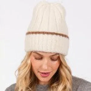 Beanie Cream w/ Brown Stripe