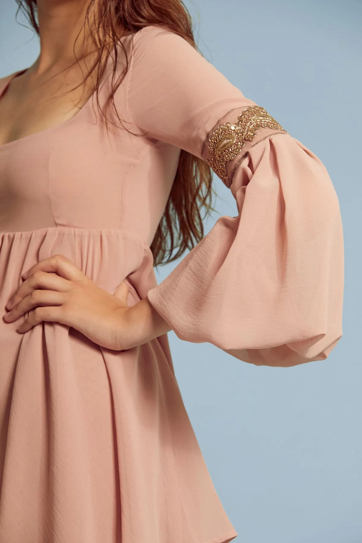 Belloago Women's Juliet Square Neck Bishop Sleeve Dress, Pink