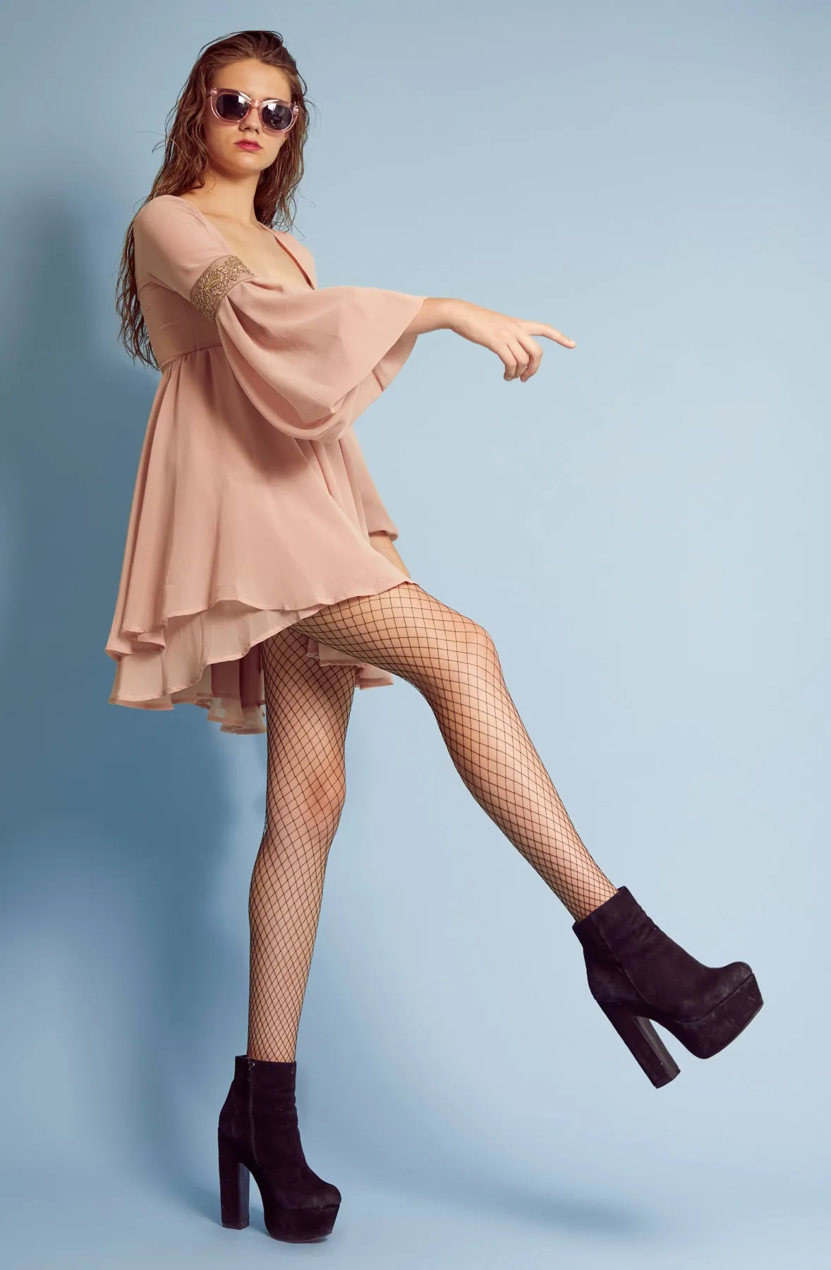 Belloago Women's Juliet Square Neck Bishop Sleeve Dress, Pink