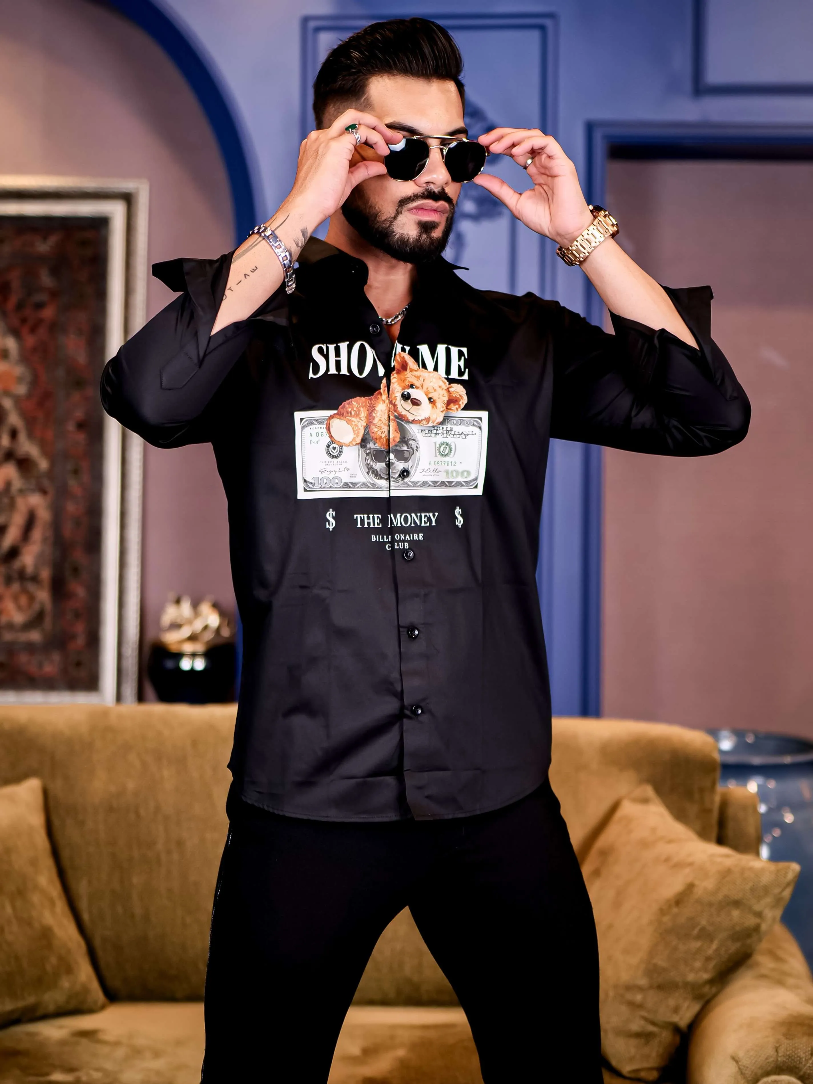 Black Club Wear Billionaire Printed Satin Cotton Shirt