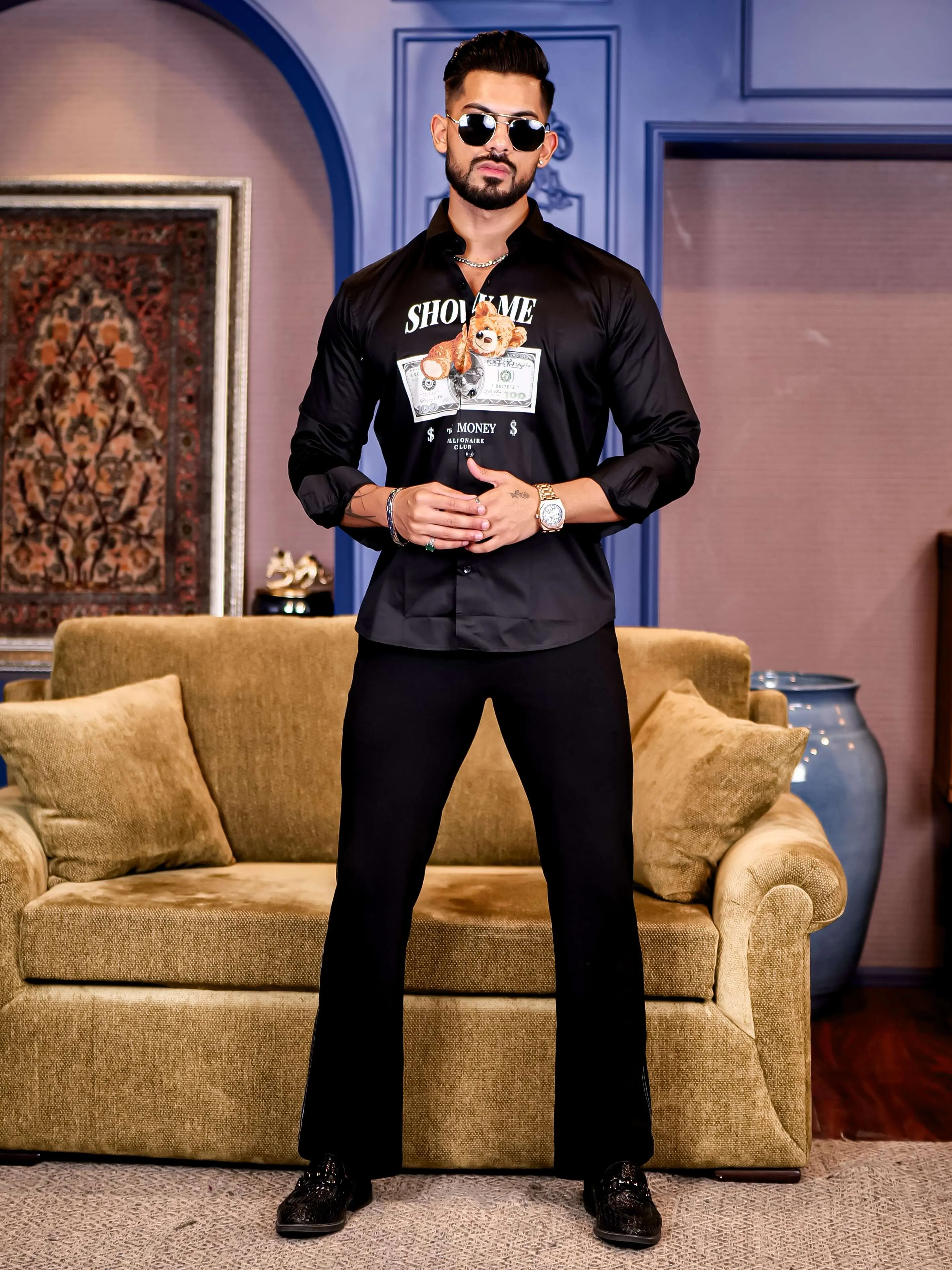 Black Club Wear Billionaire Printed Satin Cotton Shirt