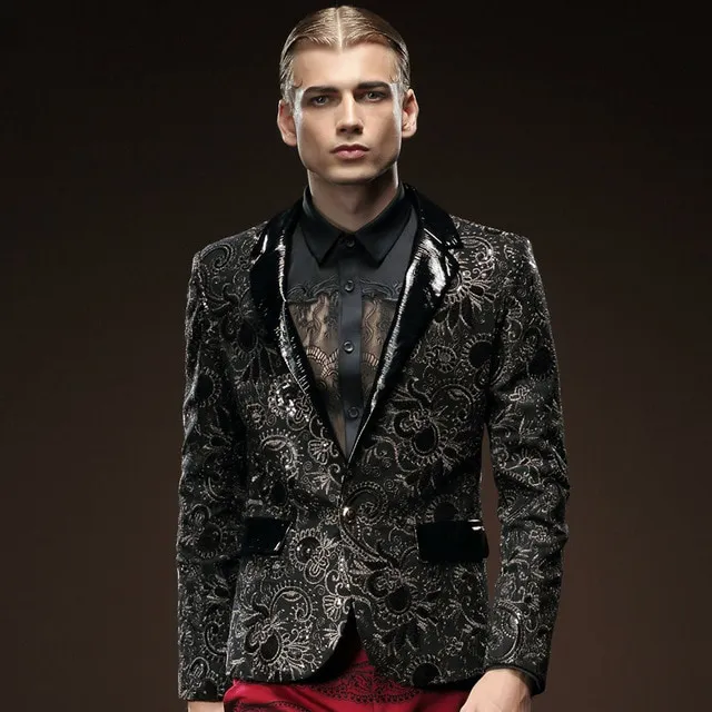 Black in Paisley Pattern and Solid Collar Design Men Blazer