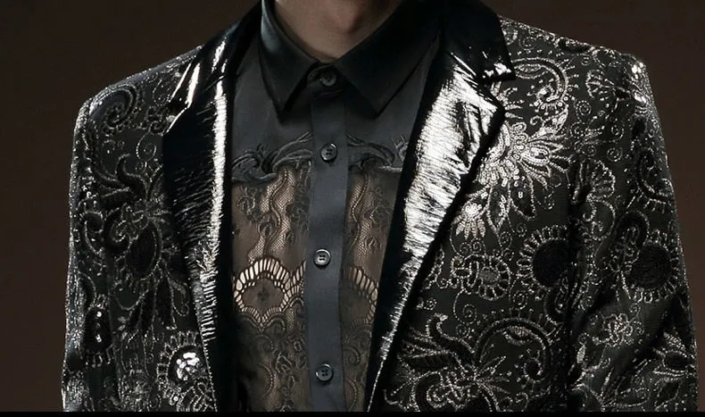 Black in Paisley Pattern and Solid Collar Design Men Blazer