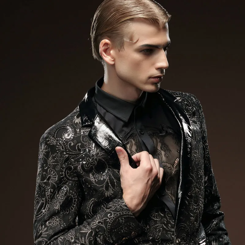 Black in Paisley Pattern and Solid Collar Design Men Blazer