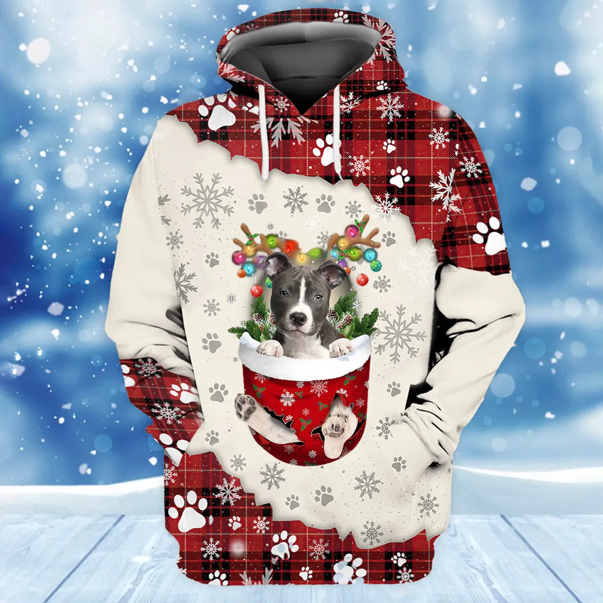 BLUE Nose Pitbull In Snow Pocket Merry Christmas Unisex Hoodie