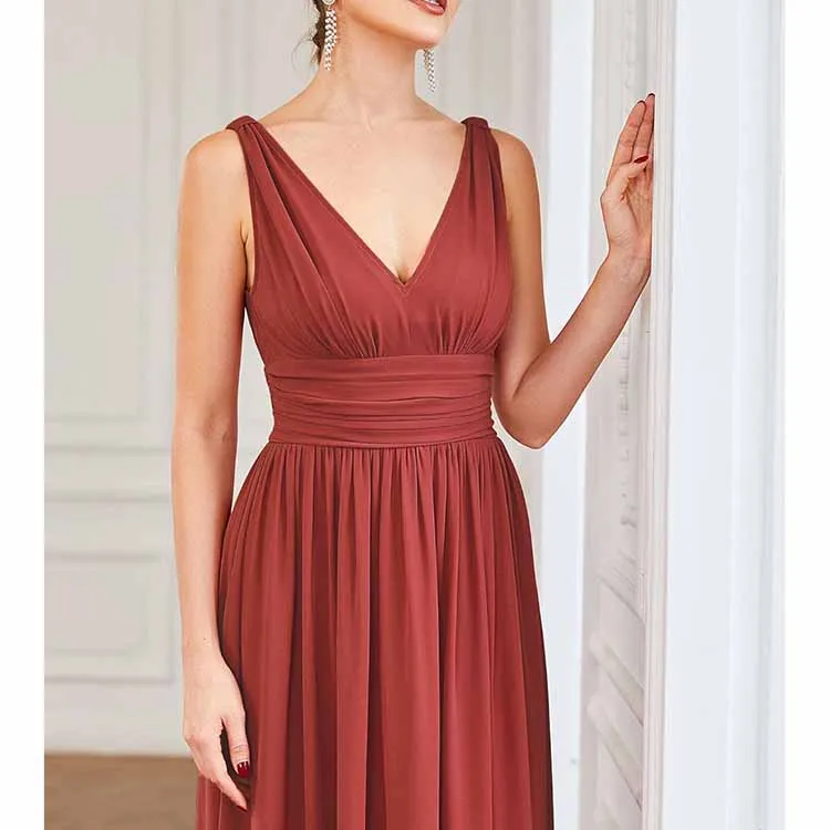 Bridesmaid Dress V-Neck Sleeveless A Line Chiffon Floor Length Formal Dress
