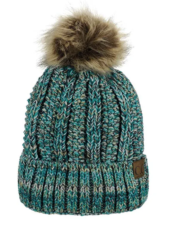 C.C. Cable Knit Faux Fur Pom Pom Beanie Cap