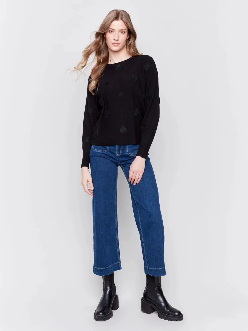 Charlie B Fuzzy Polka Dot Plushy Crew-Neck Dolman Sweater - C2686-974A