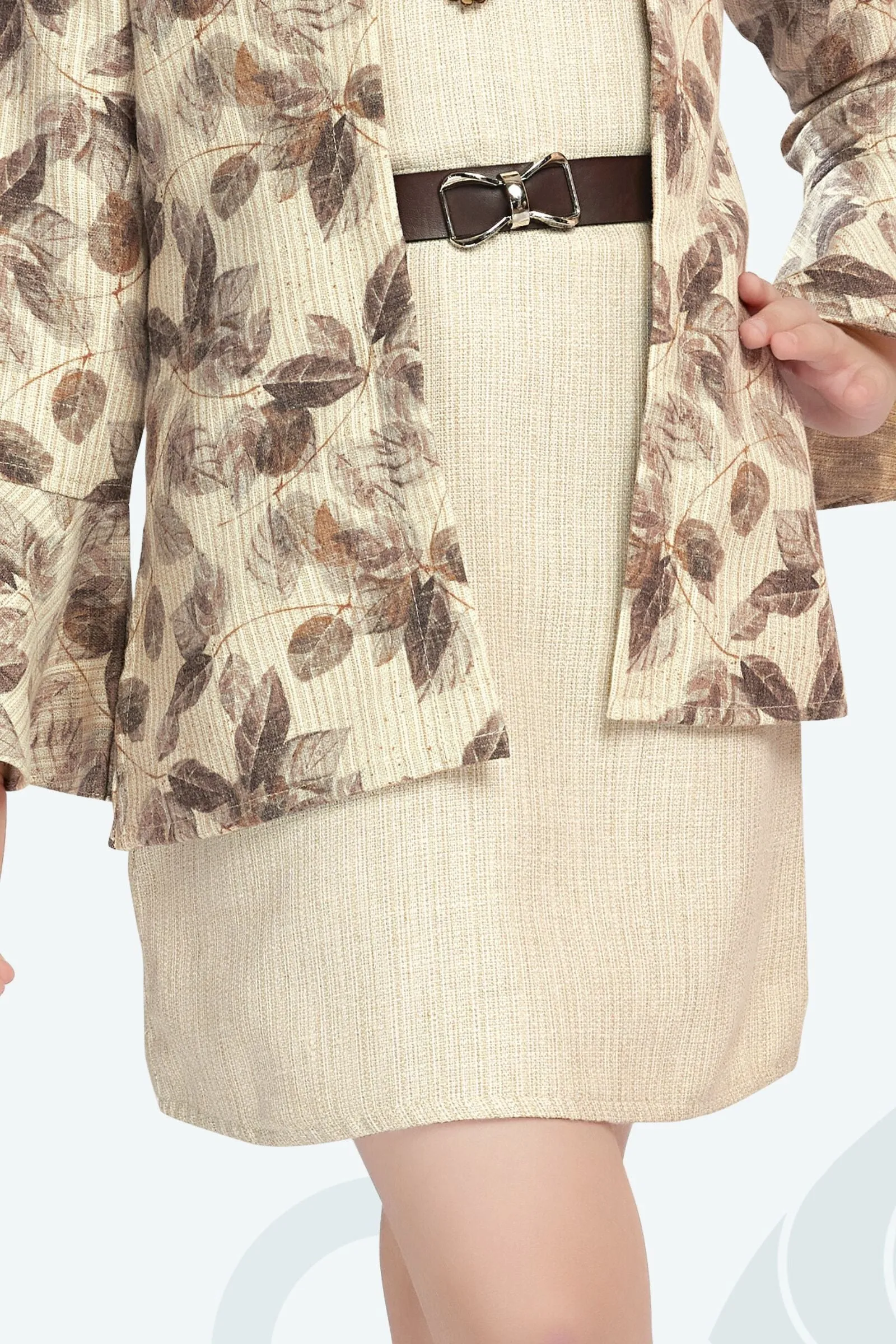 Cream with Digital Print Overcoat Styled Short Frock For Girls