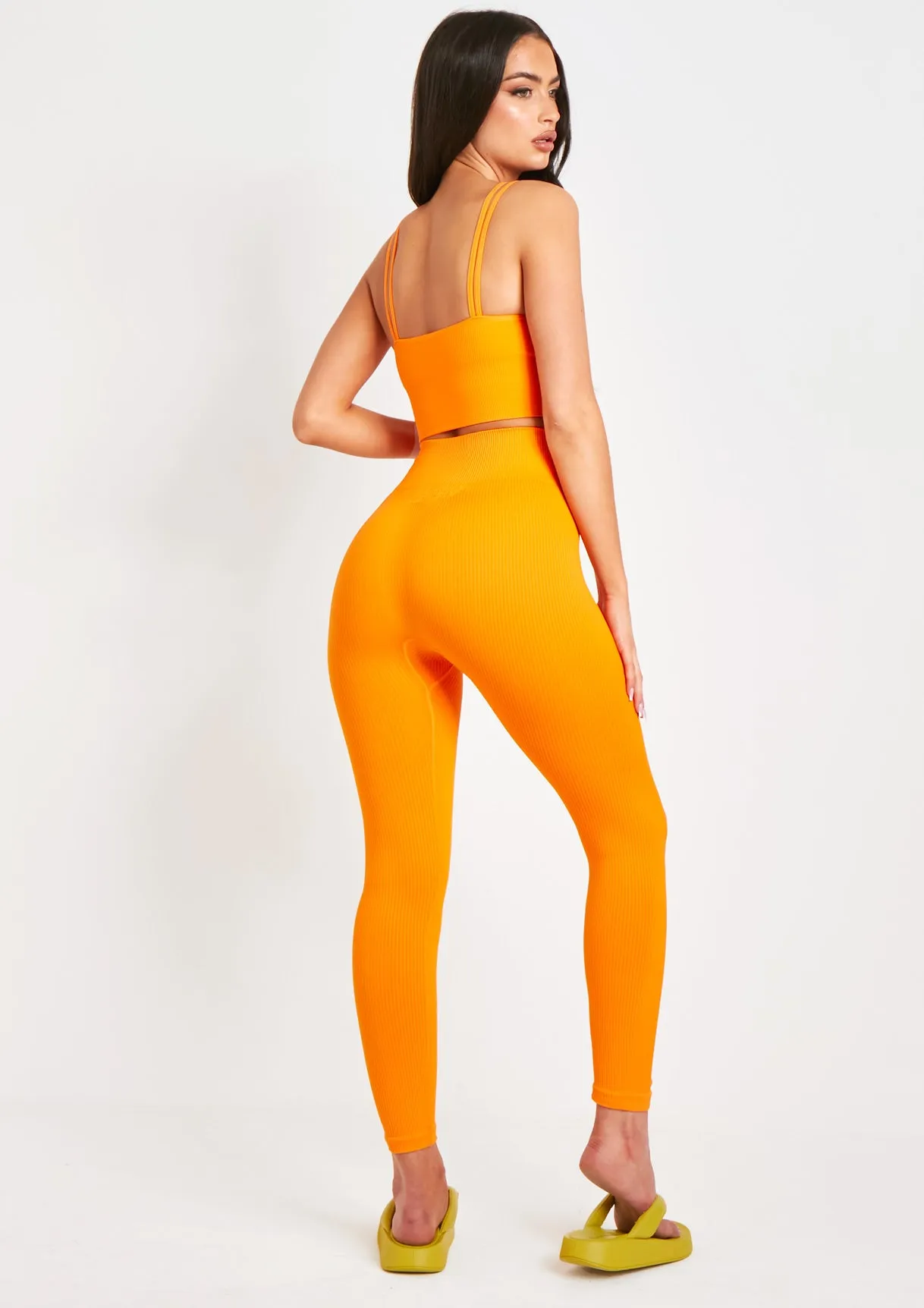 Cyndi Orange Seamless Ribbed High Waisted Leggings