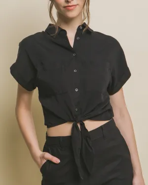 Elowen Button Up Tie Front Cropped T-Shirt (Assorted Colors)