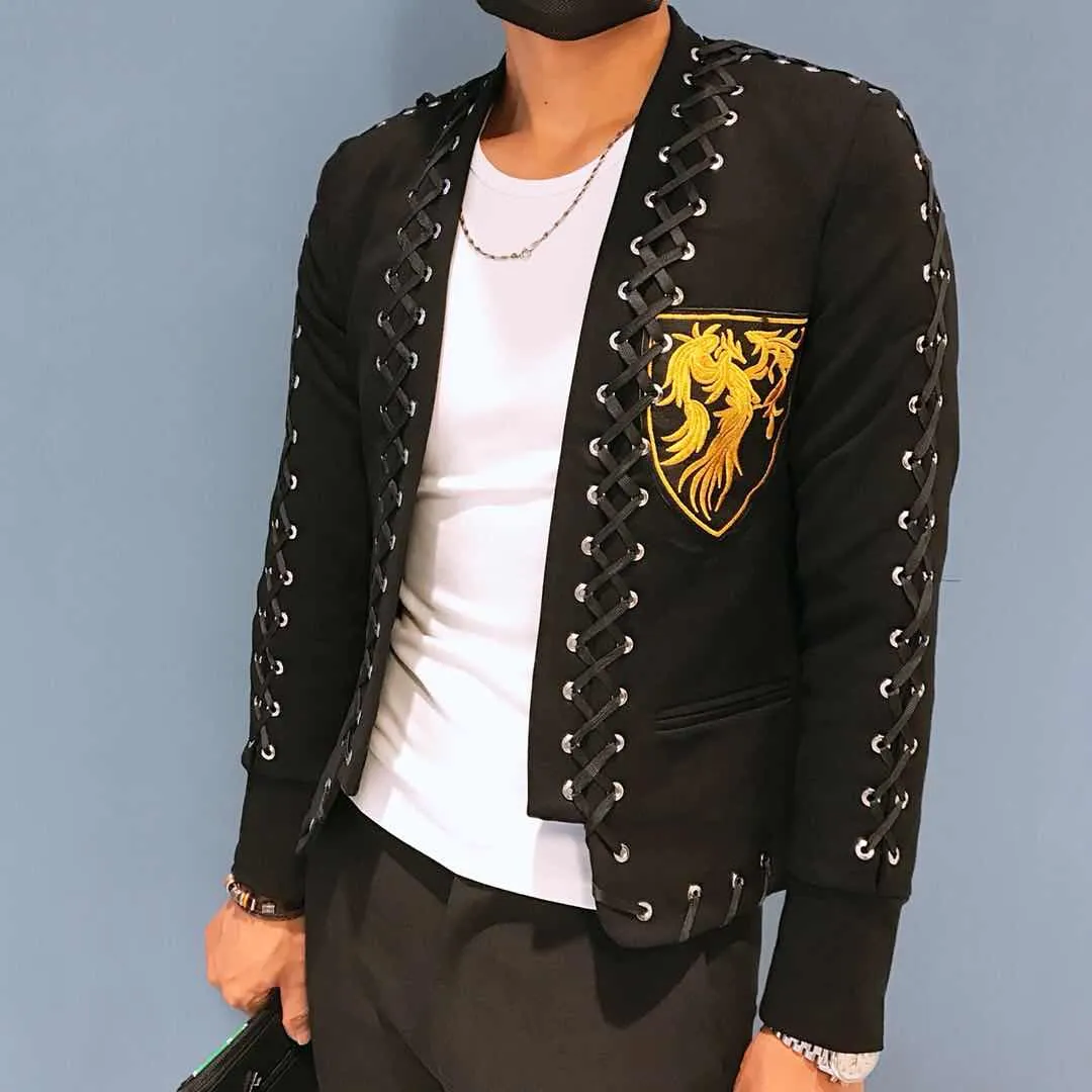 Embroidered and Cross-Stitch Style Collarless Blazer