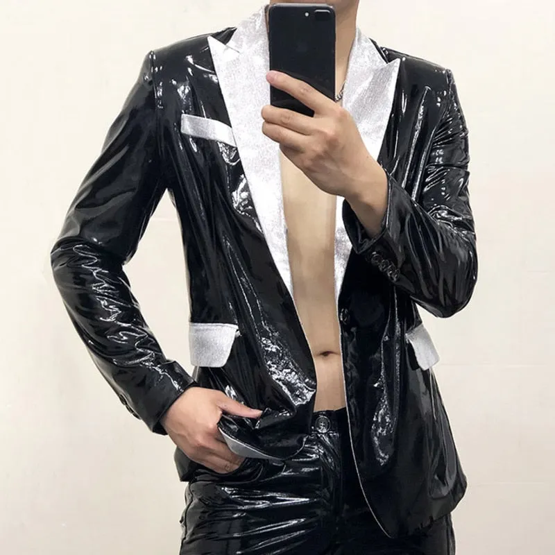 Glossy Leather Contrast Men Blazer