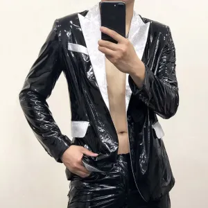 Glossy Leather Contrast Men Blazer