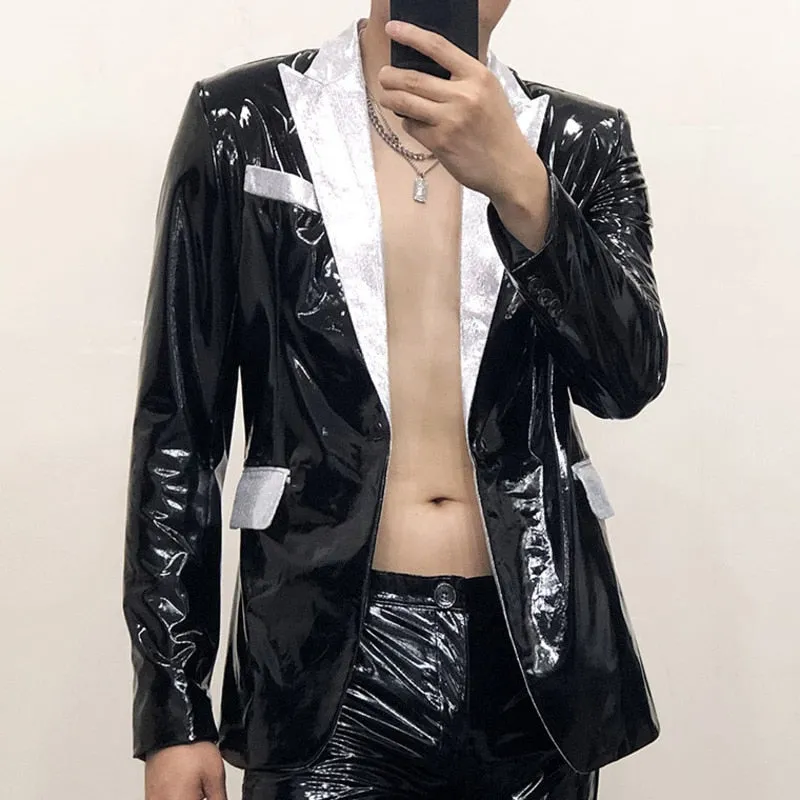Glossy Leather Contrast Men Blazer