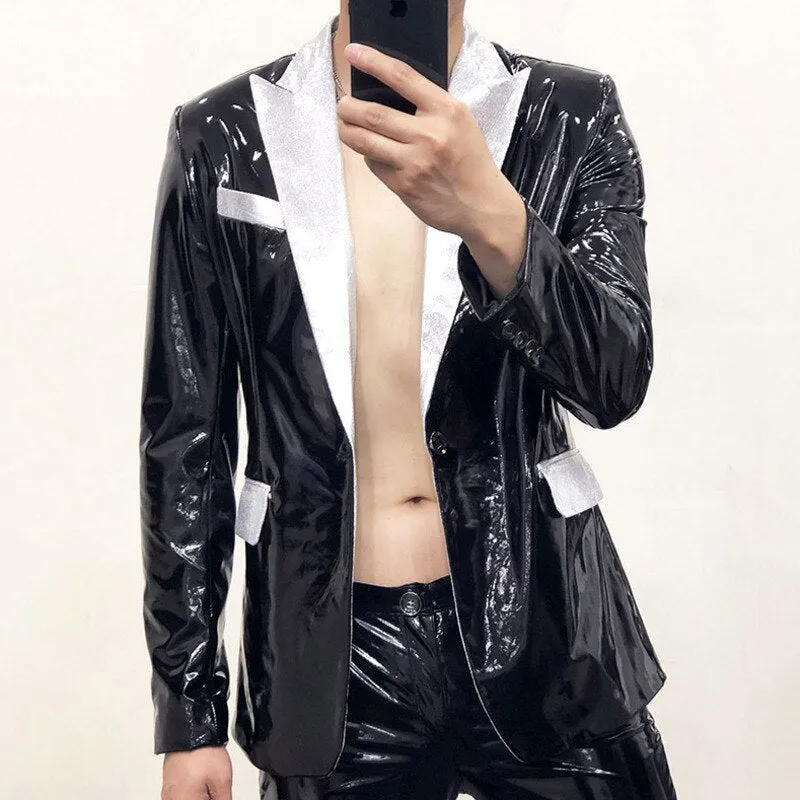 Glossy Leather Contrast Men Blazer