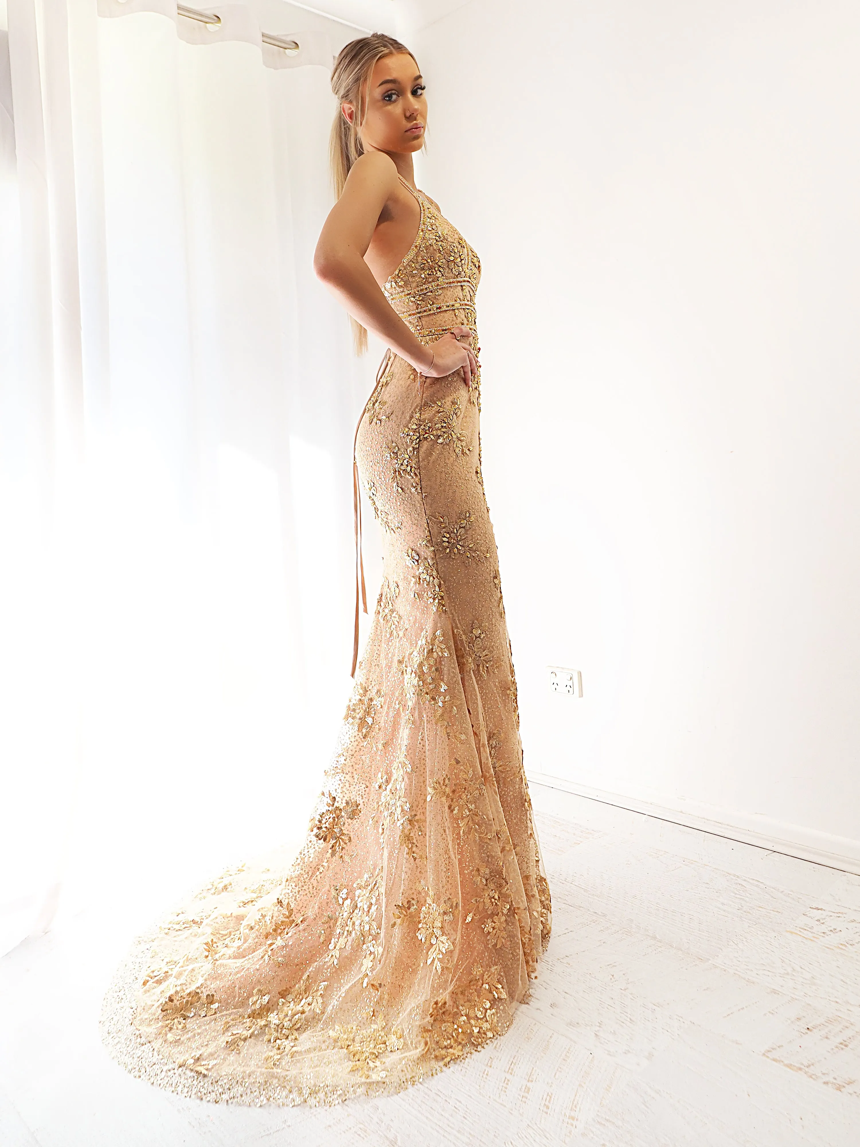 Gold sequin hand beaded top sparkling mermaid dress