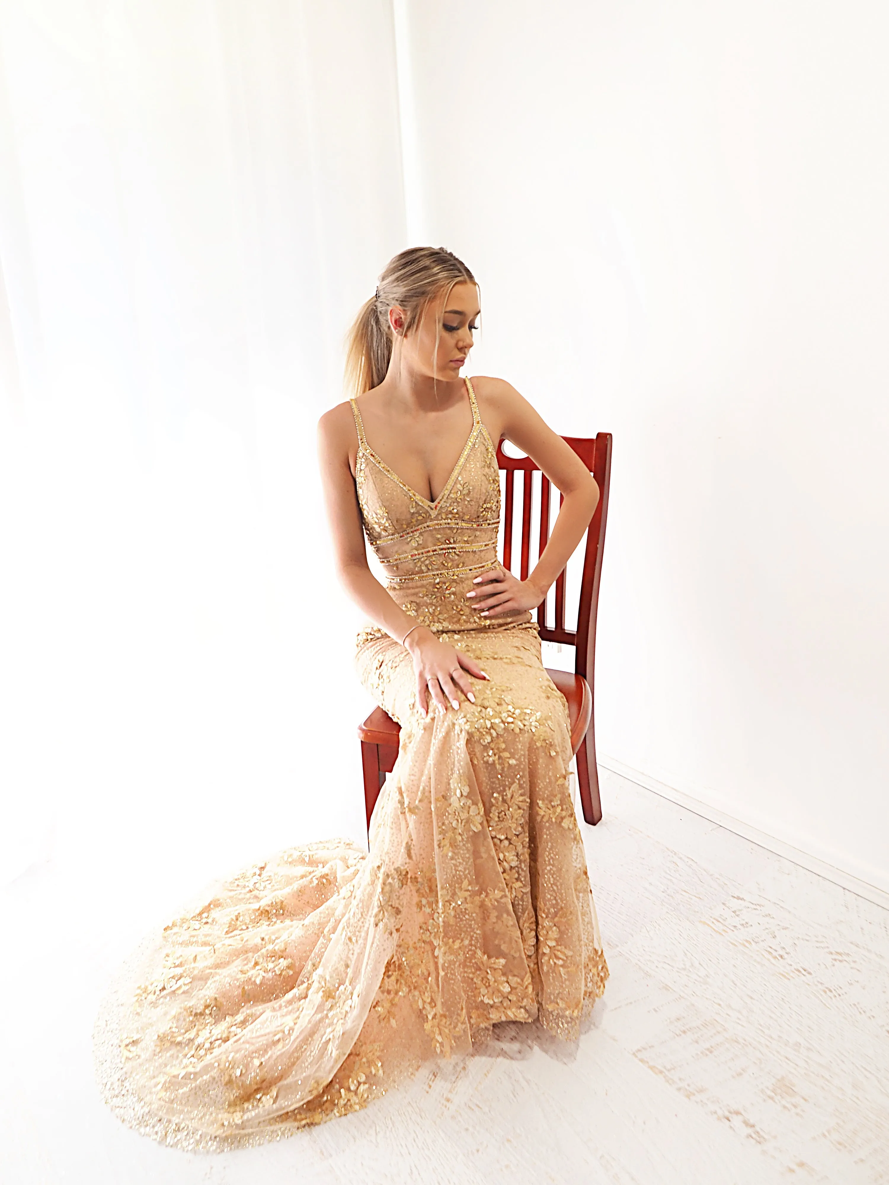Gold sequin hand beaded top sparkling mermaid dress