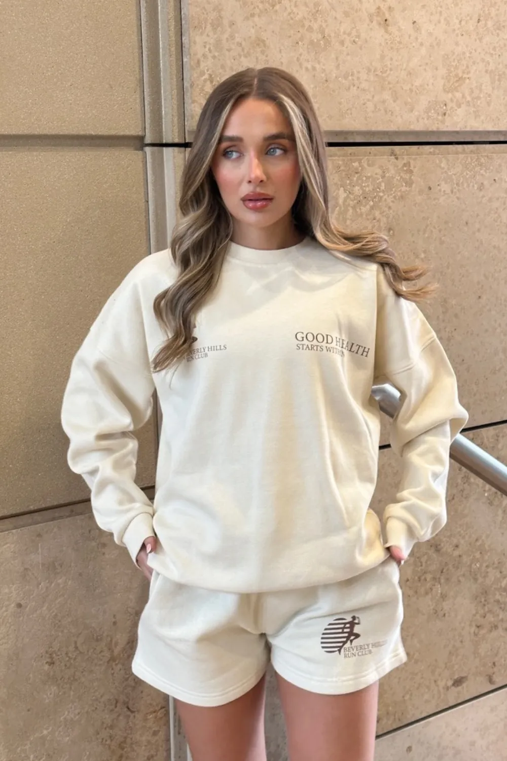 Good Health ecru printed sweater shorts loungewear