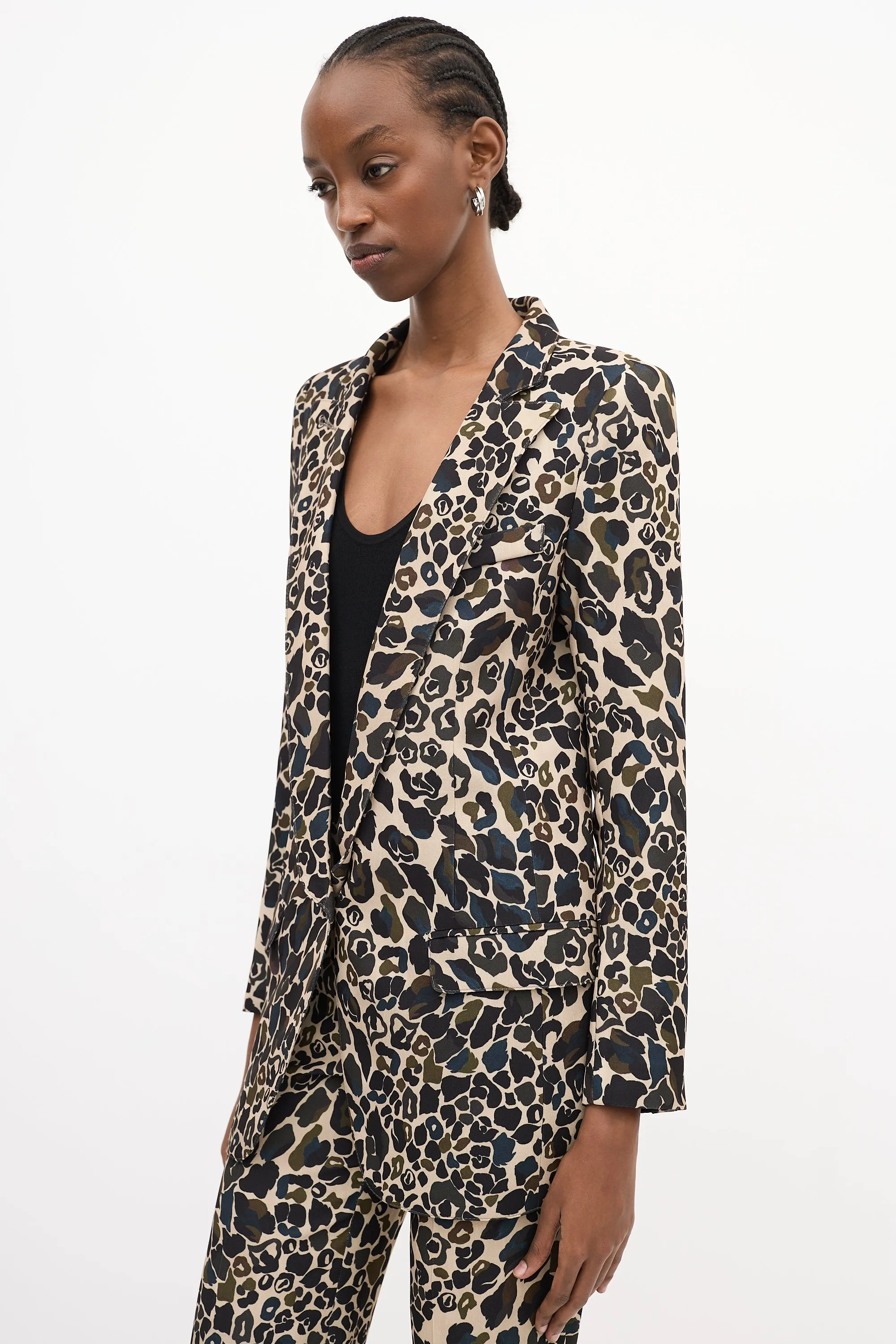 Green & Beige Camouflage Peak Lapel Blazer