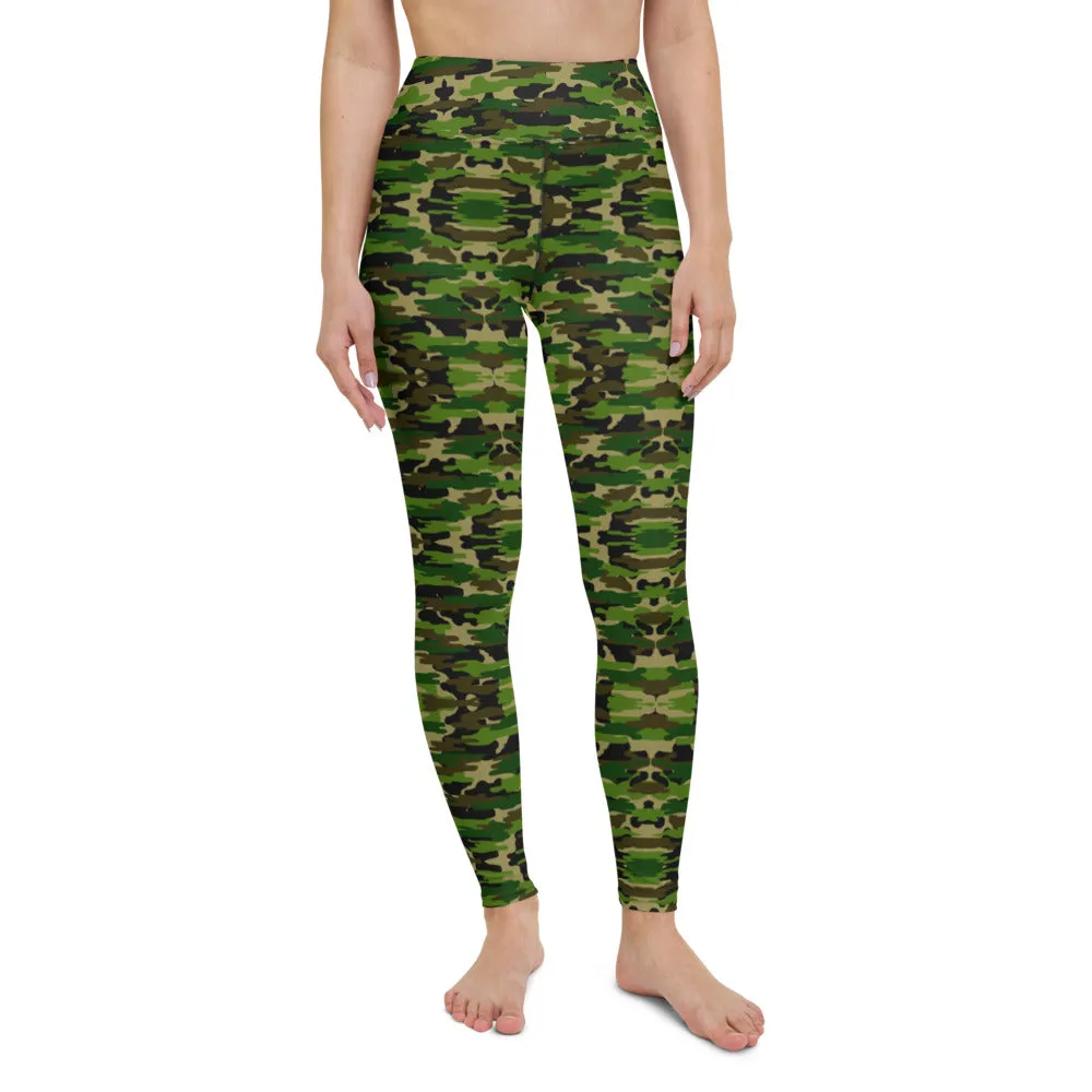 Green Camo Women's Yoga Leggings, Camouflage Army Military Print Women's Long Tights-Made in USA/EU