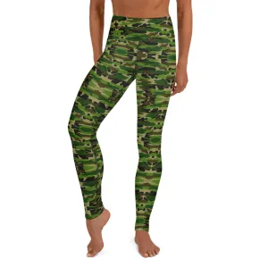 Green Camo Women's Yoga Leggings, Camouflage Army Military Print Women's Long Tights-Made in USA/EU