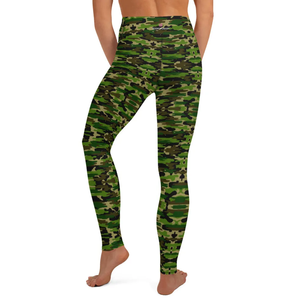Green Camo Women's Yoga Leggings, Camouflage Army Military Print Women's Long Tights-Made in USA/EU