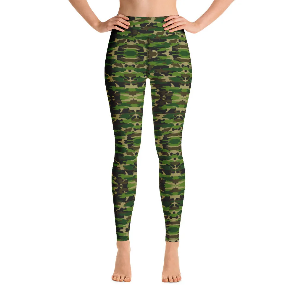 Green Camo Women's Yoga Leggings, Camouflage Army Military Print Women's Long Tights-Made in USA/EU