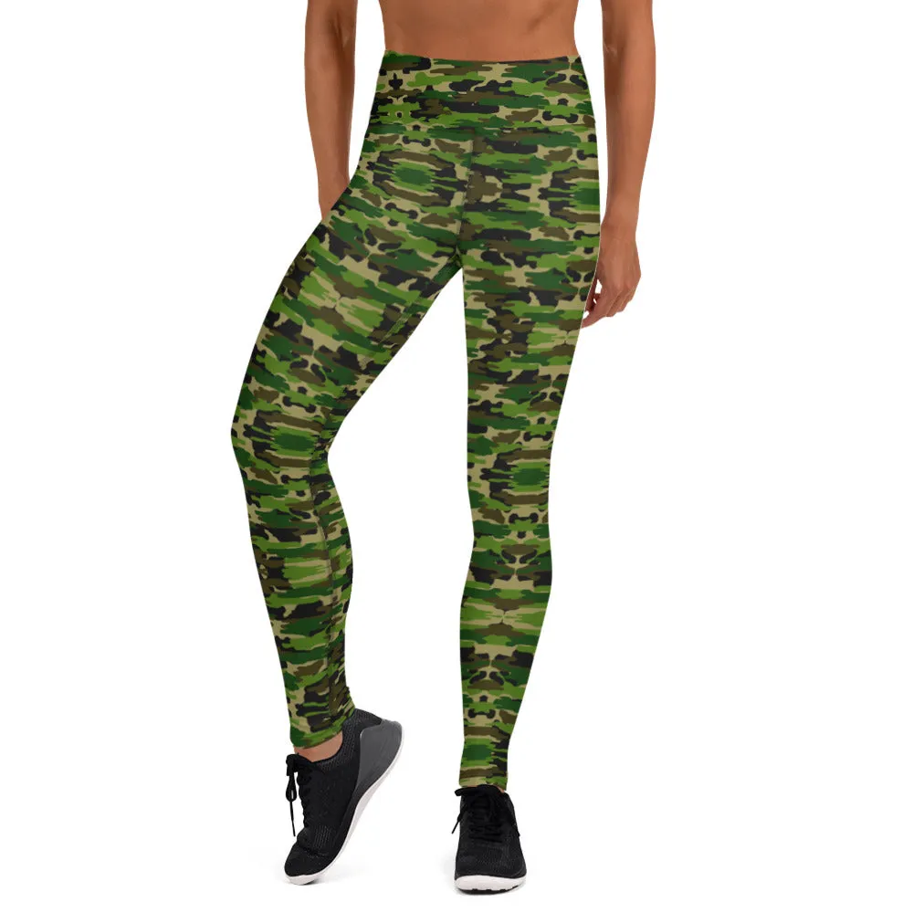 Green Camo Women's Yoga Leggings, Camouflage Army Military Print Women's Long Tights-Made in USA/EU