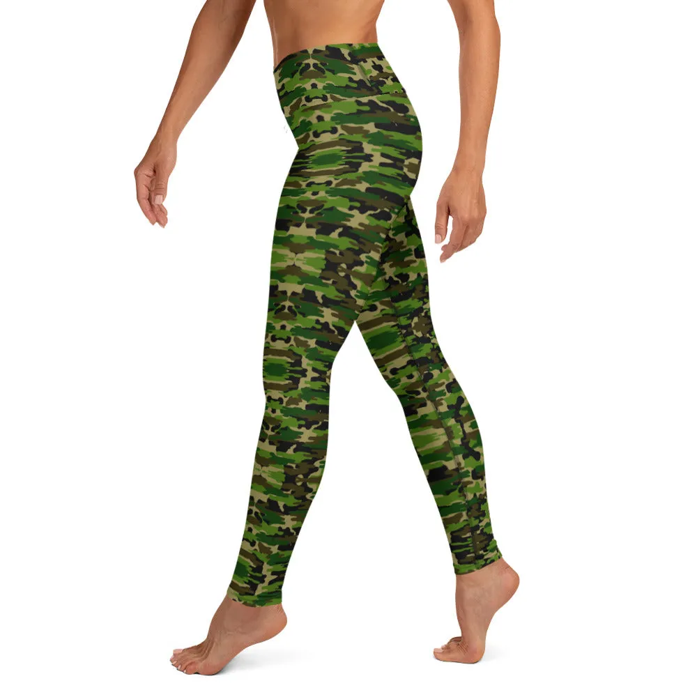 Green Camo Women's Yoga Leggings, Camouflage Army Military Print Women's Long Tights-Made in USA/EU