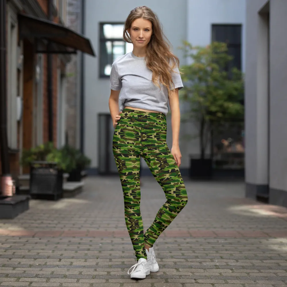 Green Camo Women's Yoga Leggings, Camouflage Army Military Print Women's Long Tights-Made in USA/EU