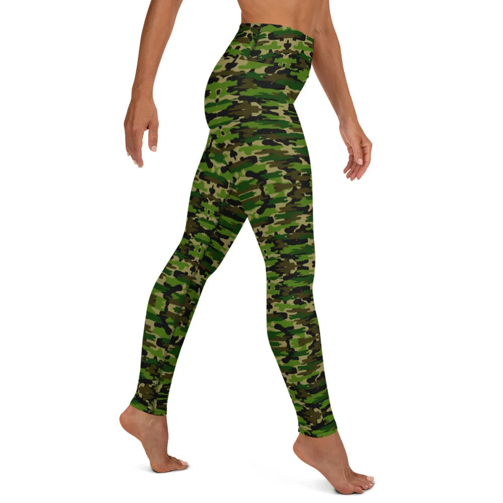Green Camo Women's Yoga Leggings, Camouflage Army Military Print Women's Long Tights-Made in USA/EU