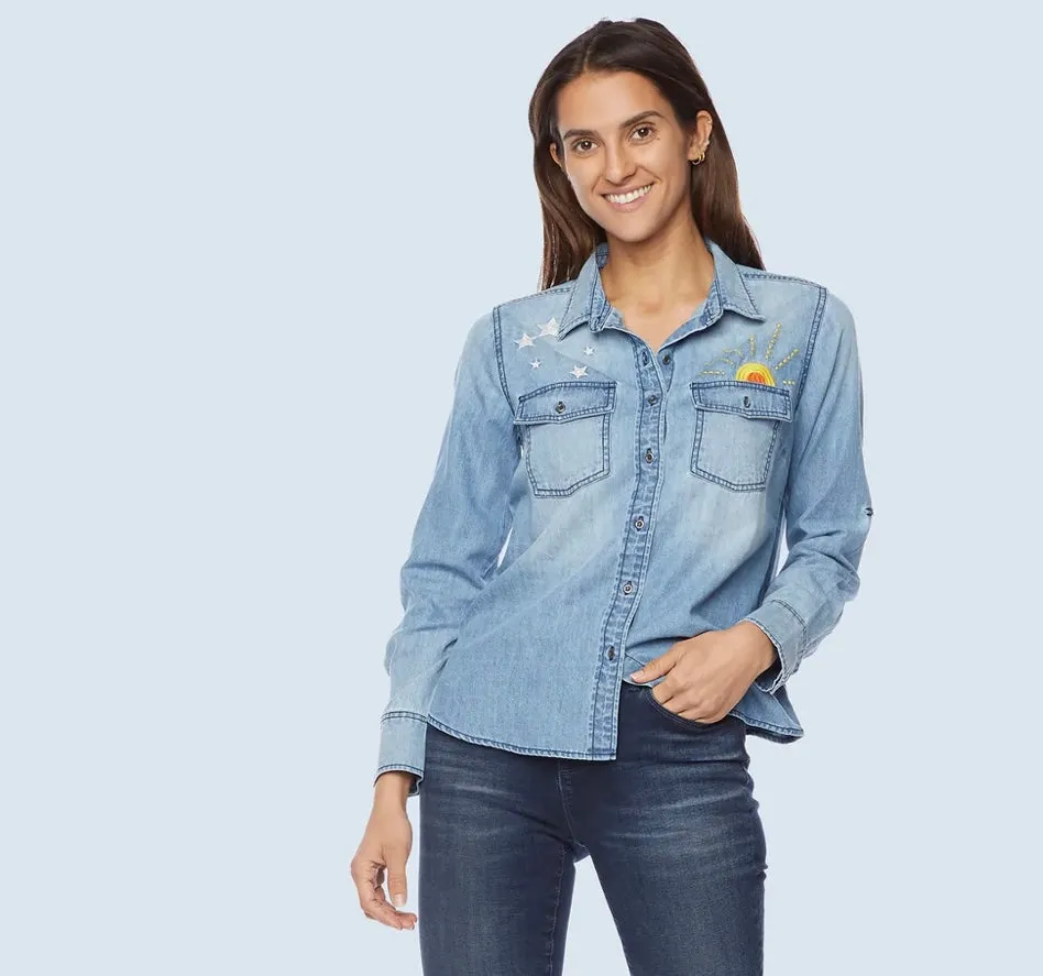 Hello Sunshine Embroidered Denim Shirt