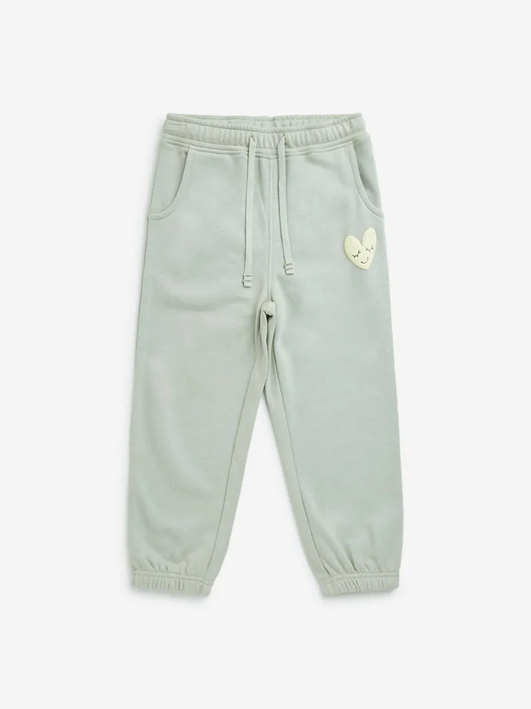 HOP Kids Sage Heart Design High-Rise Cotton Blend Joggers
