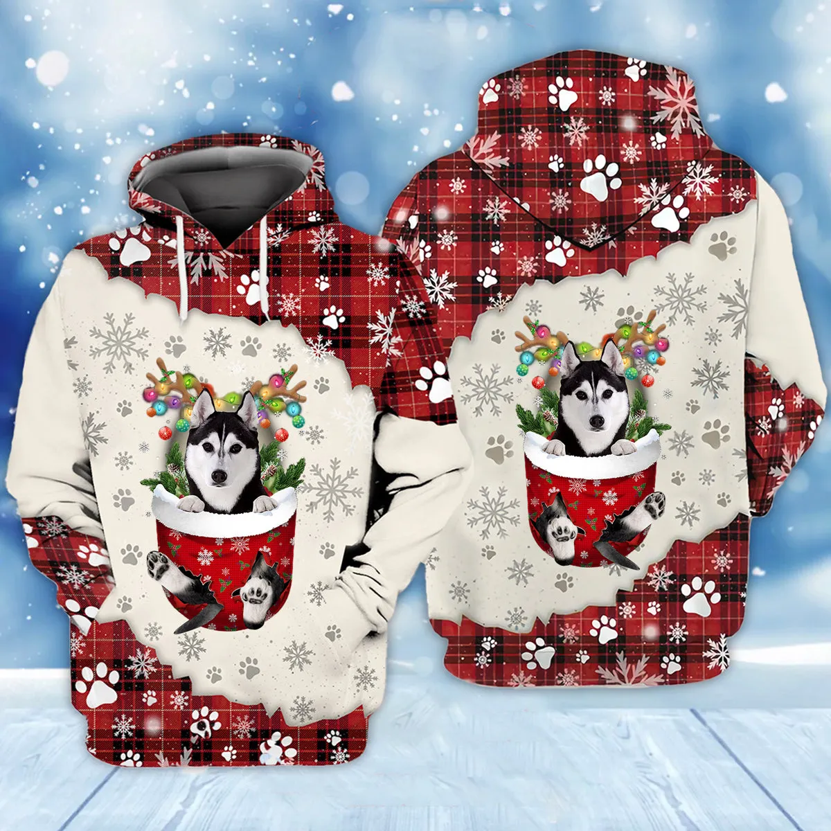 Husky In Snow Pocket Merry Christmas Unisex Hoodie