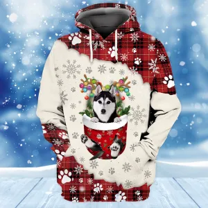 Husky In Snow Pocket Merry Christmas Unisex Hoodie